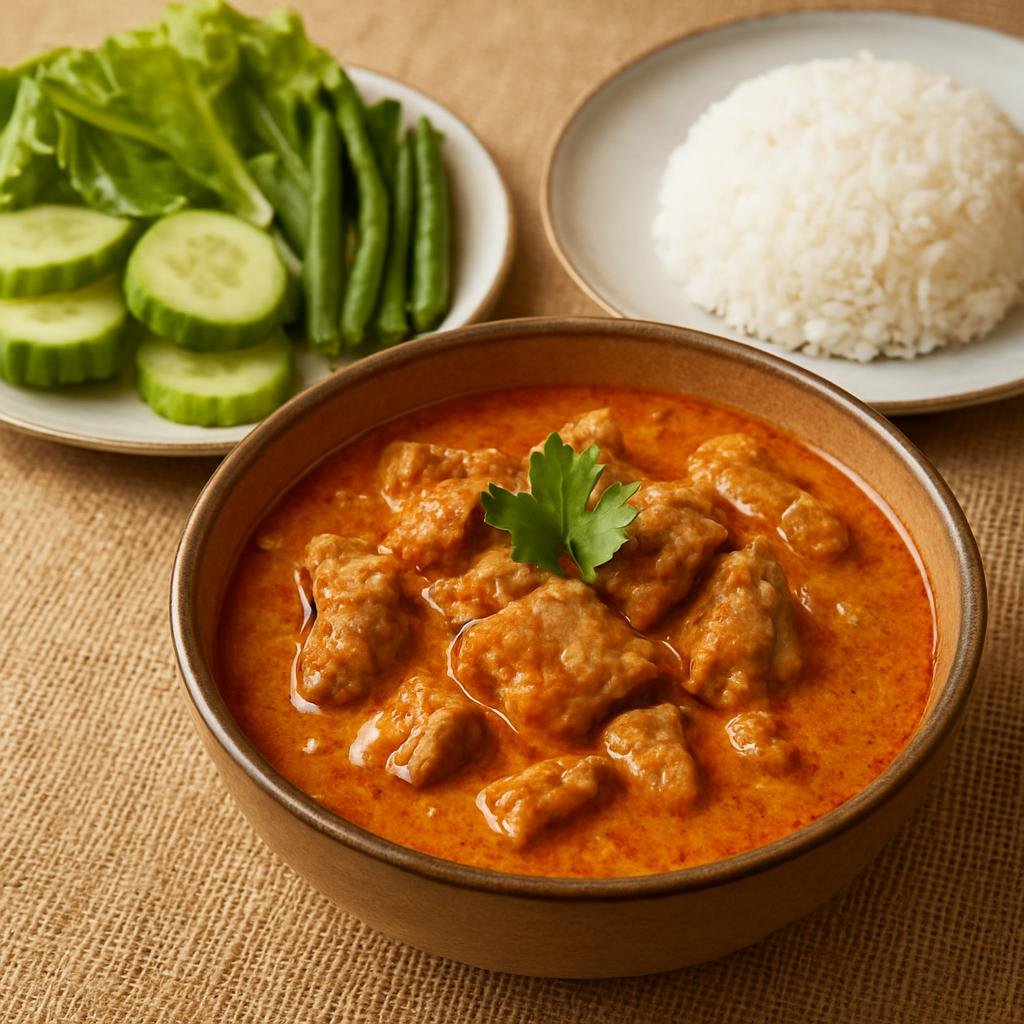 Entree: Cambodia – Mekong Cambodia – ប្រហុកខ្ទិះ ➤ Prahok Ktis (Creamy Cambodian coconut and fermented-fish pork stew served with fresh vegetables and rice) recipe