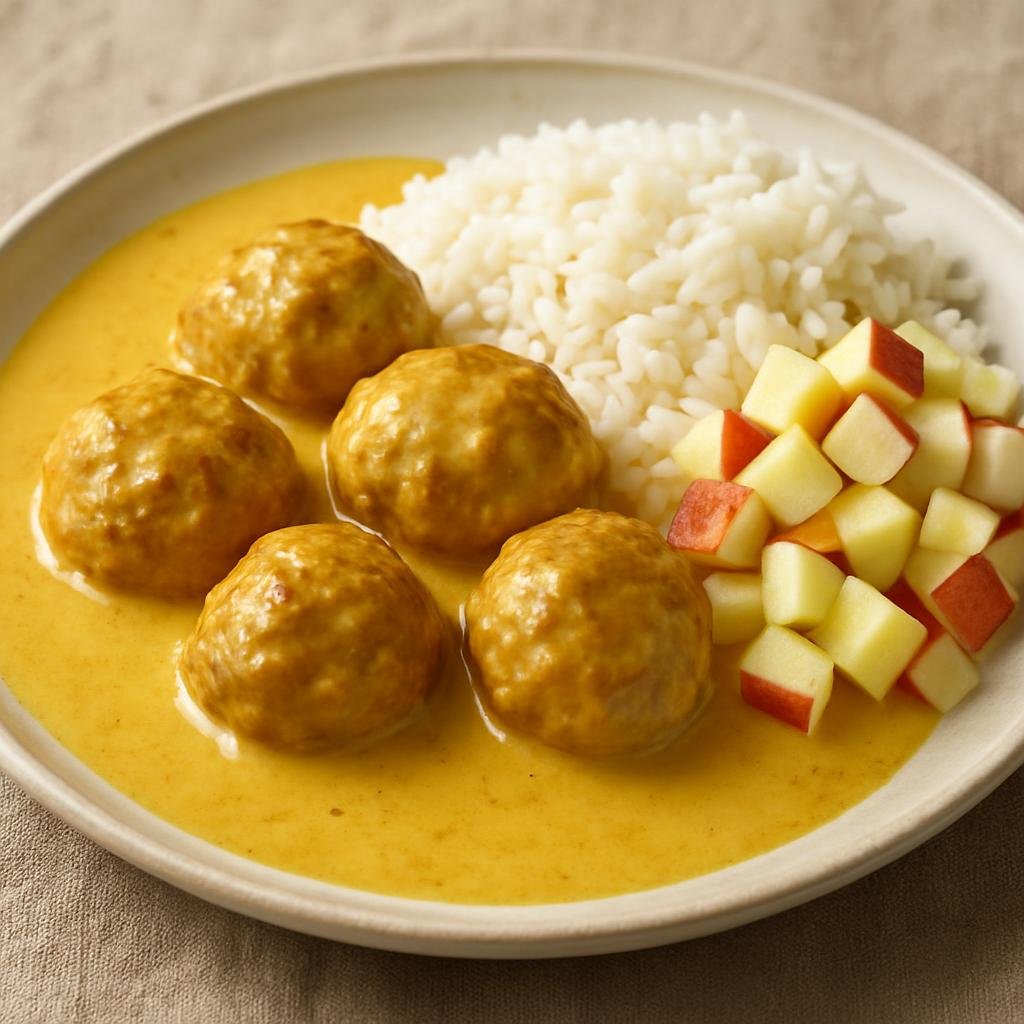 Entree: Denmark – Funen – Boller i Karry (Danish pork meatballs simmered in a mild curry cream sauce, served with rice and diced apple) recipe