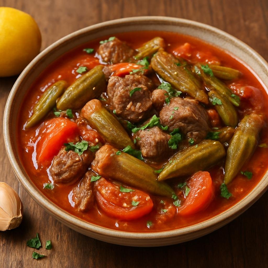 Entree: Iraq – Marsh Arab Cuisine – مرقة بامية ➤ Marqa Bamiya (Slow-simmered okra and tomato stew with lamb, seasoned with garlic and lemon) recipe