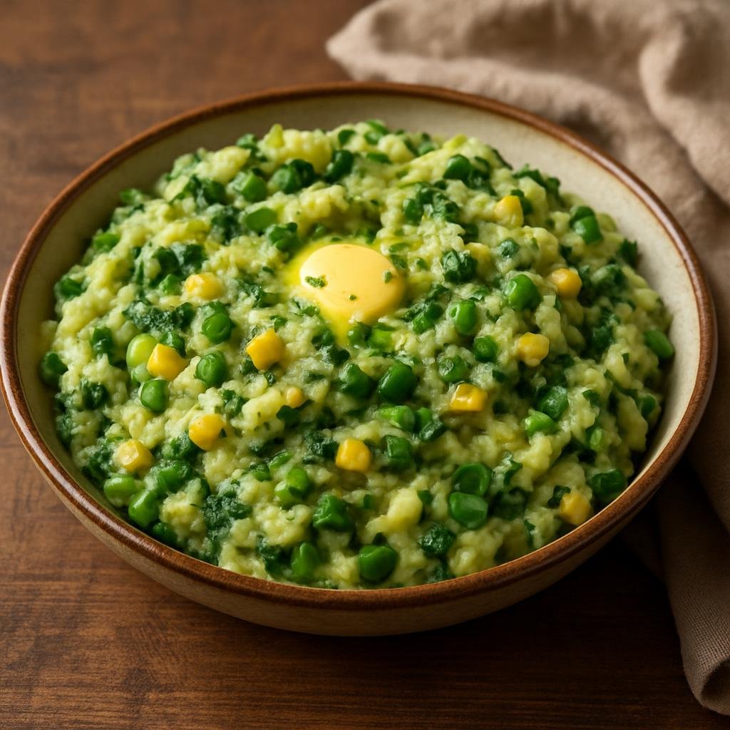 Entree: Kenya – Rift Valley – Irio (Mashed mixture of potatoes, green peas, corn and greens seasoned with butter and herbs) recipe