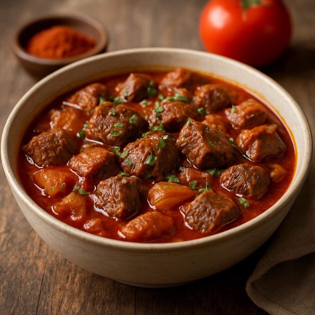 Entree: Romania – Transylvania – Tocană de vită (Hearty Romanian beef stew braised with onions, tomatoes, and paprika) recipe