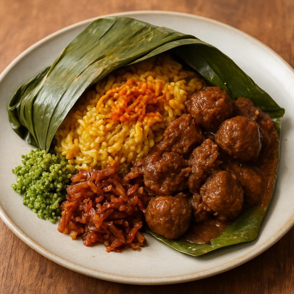 Entree: Sri Lanka – Southern Coast – ලැම්ප්රයිස් ➤ Lamprais (Banana-leaf parcel of rice cooked in stock served with curried meat, meatballs and sambols) recipe
