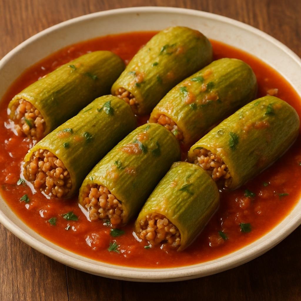 Entree: Syria – Euphrates Valley – كوسا محشي ➤ Kousa Mahshi (Zucchini hollowed and stuffed with spiced rice and meat simmered in a tomato-based broth) recipe