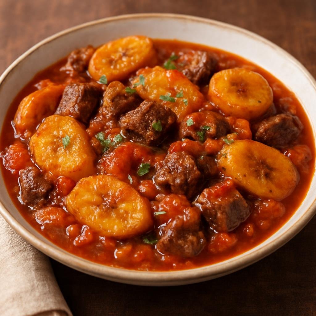 Entree: Tanzania – Tanzanian Highlands – Ndizi Nyama (Stewed plantains and beef in a savory tomato-onion sauce) recipe