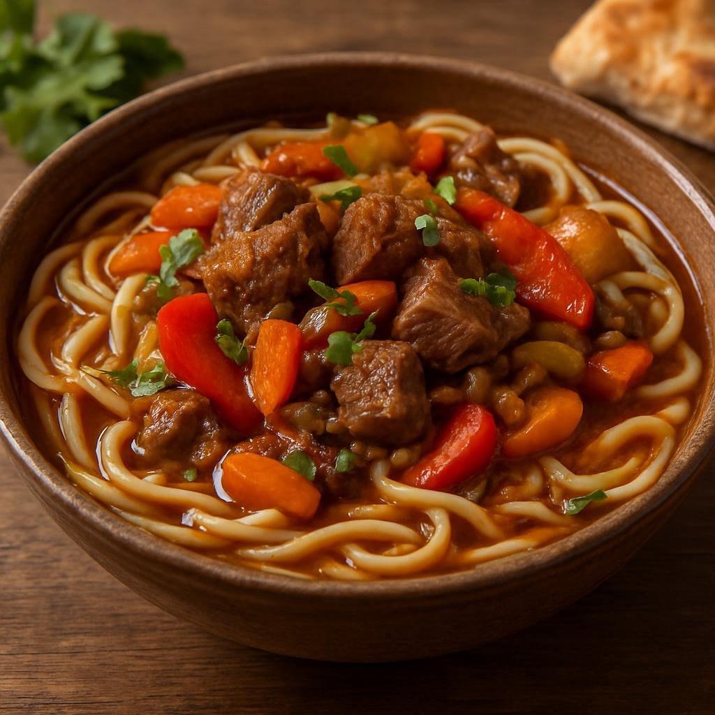 Entree: Uzbekistan – Samarkand – Lagman (Hand-pulled wheat noodles with braised lamb and vegetables in a savory sauce) recipe
