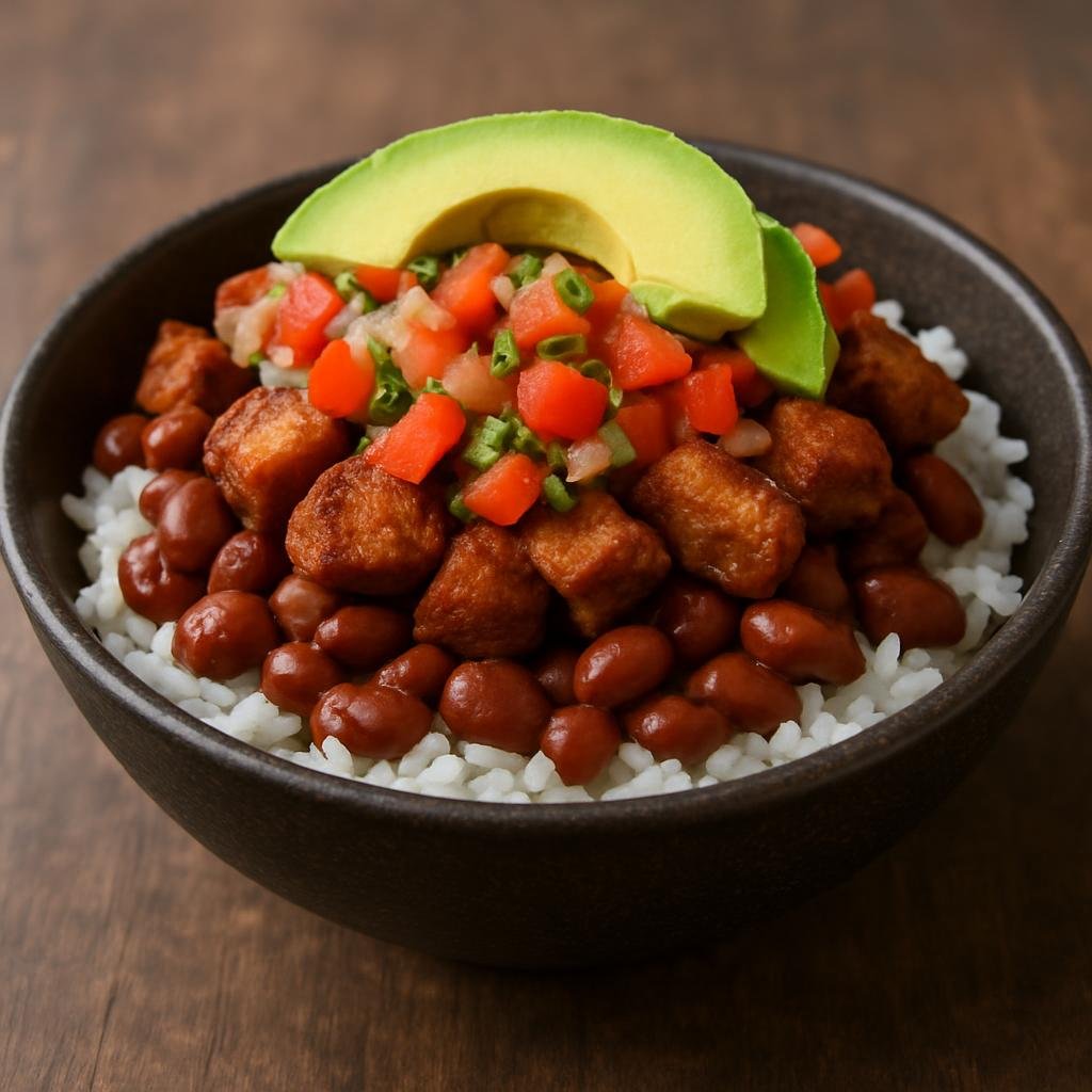 Entree: Costa Rica – Southern Culinary Region – Chifrijo (Layered Costa Rican bowl of rice, stewed beans, and fried pork topped with pico de gallo and avocado) recipe