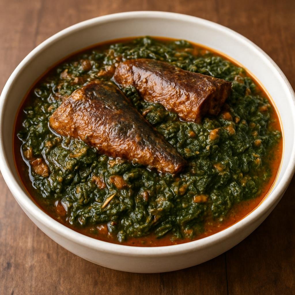 Entree: Democratic Republic of the Congo – Southern Culinary Region – Fumbwa (Hearty Congolese stew of jute or cassava leaves cooked with smoked fish, palm oil, and aromatic seasonings) recipe