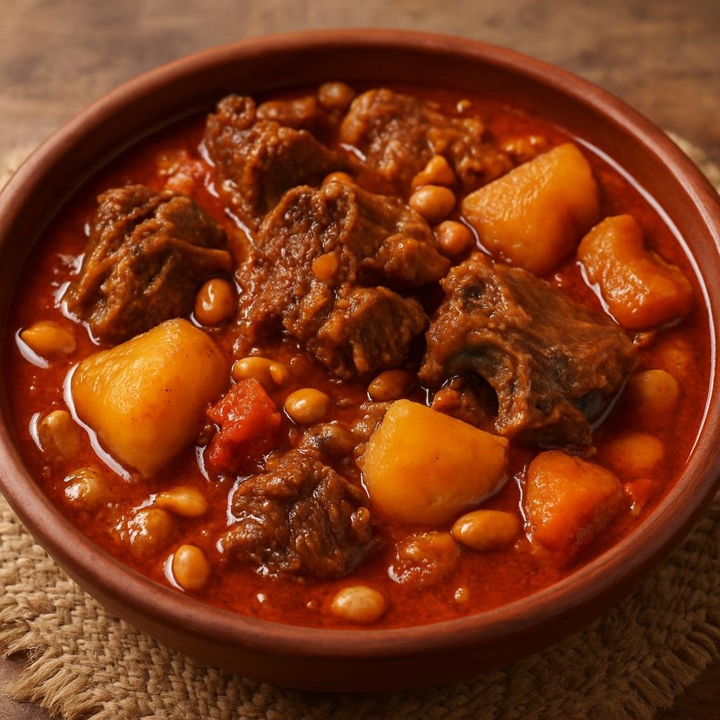 Entree: Equatorial Guinea – Southern Culinary Region – Goat Stew (Hearty Equatoguinean-style braised goat stew with tomatoes, palm oil, peanuts, and starchy vegetables) recipe