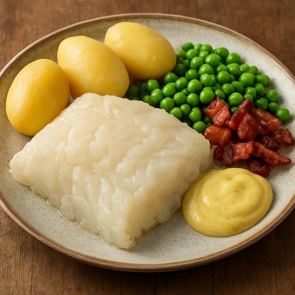 Entree: Norway – Western Fjords – Lutefisk (Traditional Norwegian reconstituted dried whitefish gently cooked and served with potatoes, peas, bacon, and butter or mustard sauce) recipe