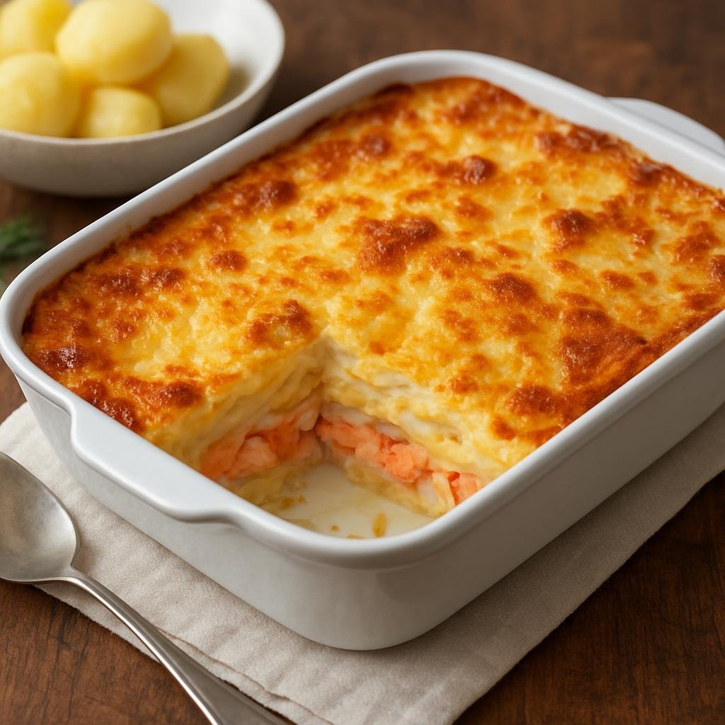 Entree: Sweden – West Coast Sweden – Laxpudding (A baked creamy layered potato and salmon casserole typical of Sweden's west coast) recipe