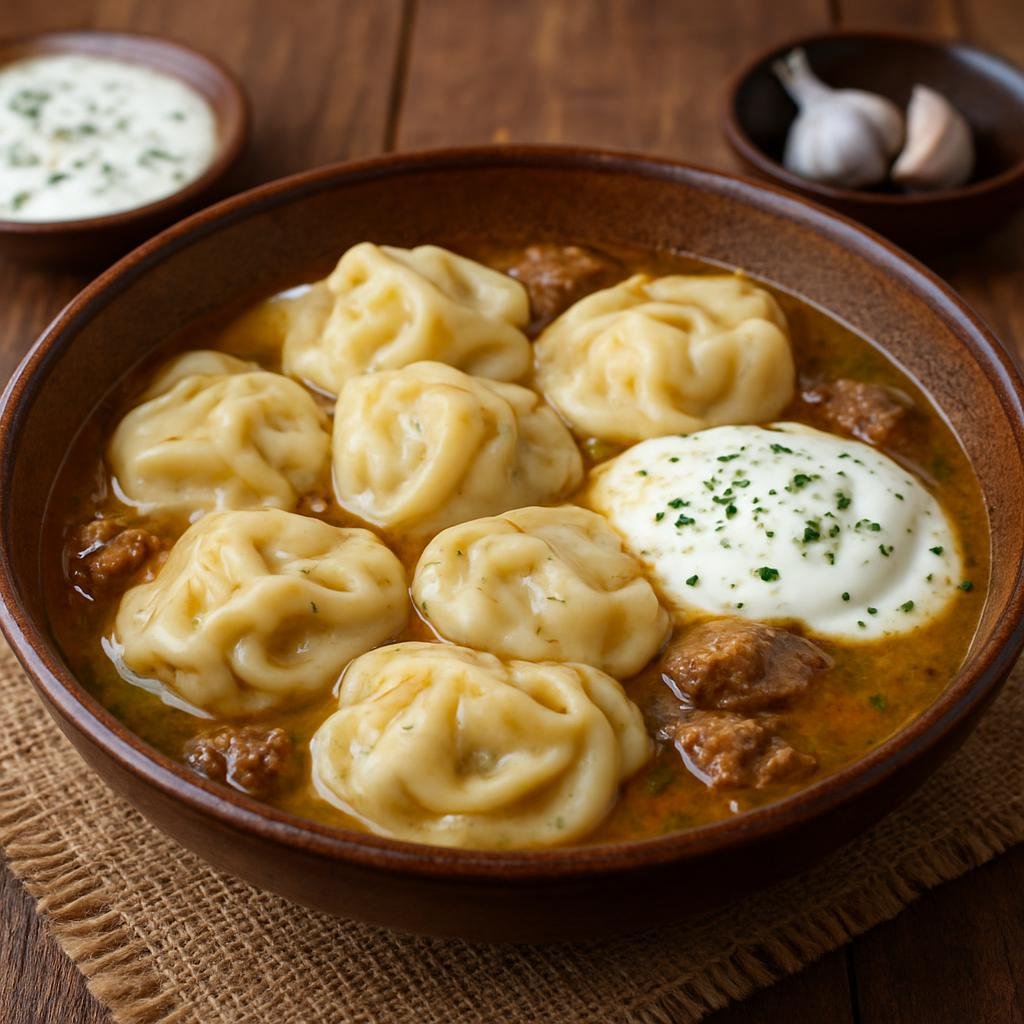 Entree: Russia – Caucasus Russia – хинкал ➤ Khinkal (Boiled pieces of dough served with spiced meat broth and garlic-yogurt sauce) recipe