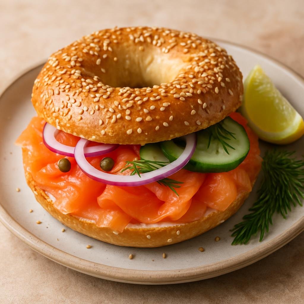 Entree: Canada – Central Culinary Region – Montreal-Style Bagel with Smoked Salmon (Dense, slightly sweet boiled-and-baked sesame bagel served with cured smoked salmon and classic garnishes) recipe