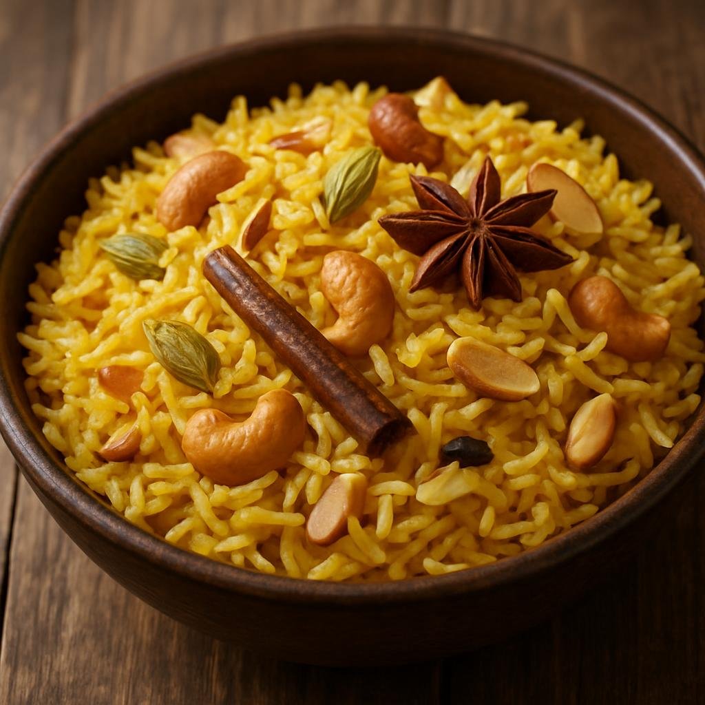 Entree: Pakistan – Kashmir / Gilgit-Baltistan – کشمیری پلاؤ ➤ Kashmiri Pulao (Fragrant Kashmiri-style rice pilaf flavored with saffron, whole spices, and mixed nuts) recipe