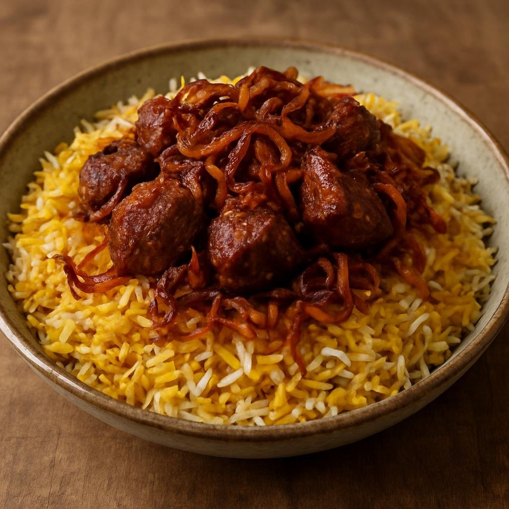 Entree: Malaysia – Malaysian Indian – Biryani Gam (Fragrant layered spiced rice with marinated goat and caramelized onions) recipe