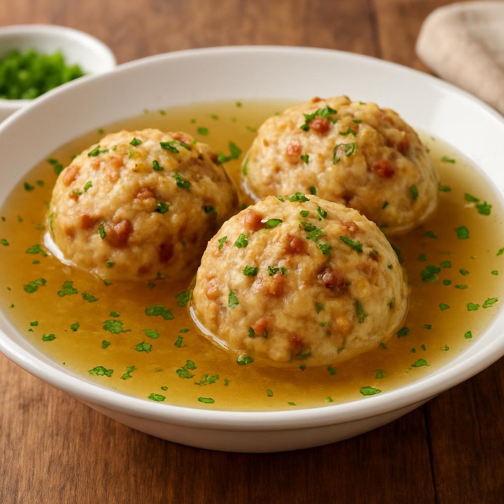 Entree: Austria – Tyrol – Tiroler Speckknödel (Smoked-bacon and bread dumplings from Tyrol traditionally served in broth) recipe