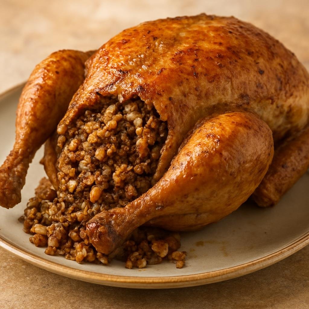 Entree: Azerbaijan – Central Culinary Region – Lavangi (Whole chicken stuffed with a richly spiced walnut and onion filling typical of Azerbaijani cuisine) recipe