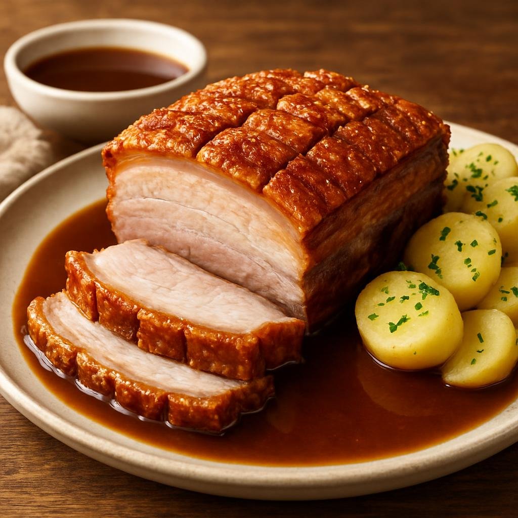 Entree: Denmark – Funen – Flæskesteg (Danish roast pork with crisp crackling and pan gravy) recipe