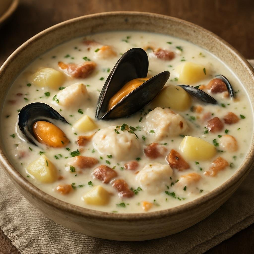 Entree: Ireland – Ulster / Northern Border – Seafood Chowder (Creamy Irish-style chowder of mixed white fish, mussels, potatoes, and smoky bacon) recipe
