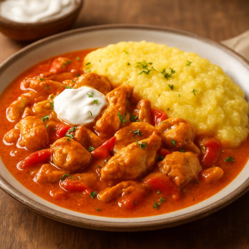 Entree: Romania – Transylvania – Papricaș de pui (Romanian chicken paprika stew with onions, bell pepper and sour cream, traditionally served with noodles or polenta) recipe