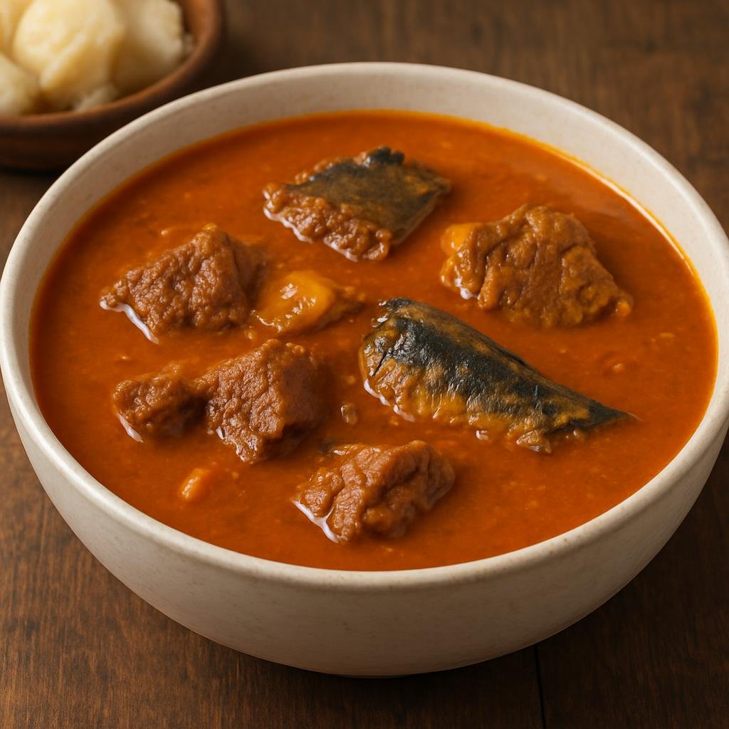 Entree: Equatorial Guinea – Southern Culinary Region – Palm Nut Soup (A rich, savory soup made from red palm fruit extract with tender meat and smoked fish) recipe