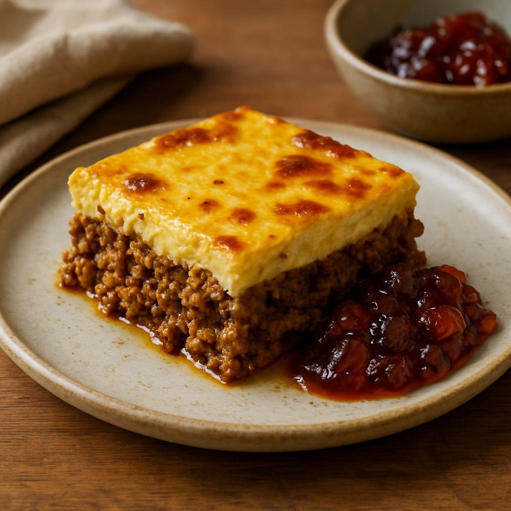 Entree: Eswatini – Southern Culinary Region – Bobotie (A baked spiced minced meat casserole topped with an egg-and-milk custard, often served with fruit chutney) recipe