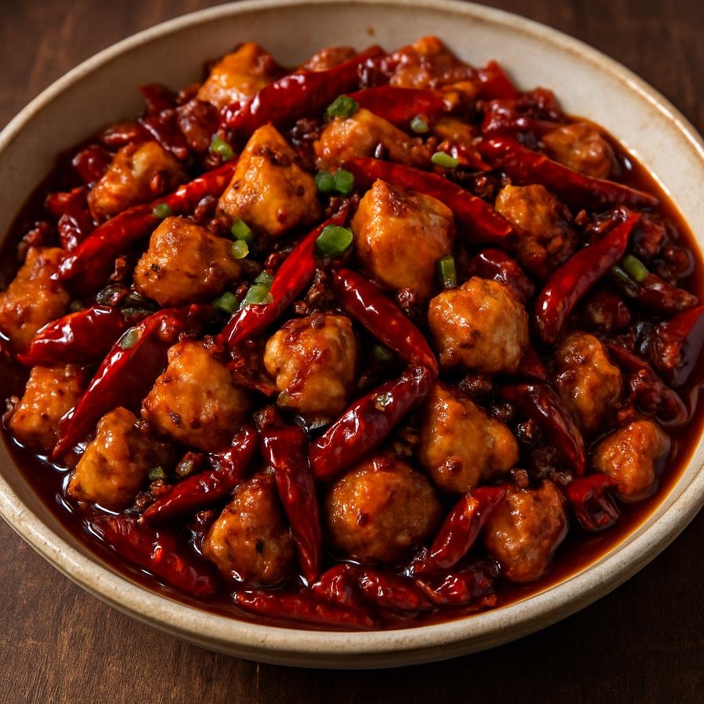 Entree: China – Central Culinary Region – 重庆辣子鸡 ➤ Chóngqìng làzǐ jī (Spicy Sichuan-style stir-fried bite-sized chicken with dried chilies and Sichuan peppercorns) recipe