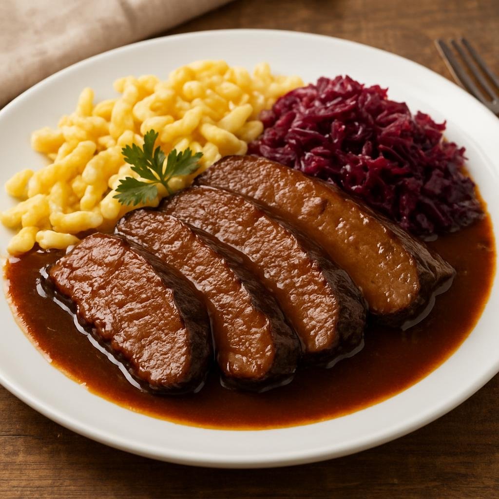 Entree: Germany – Franconia – Fränkischer Sauerbraten (Marinated German pot roast braised in a sweet-and-sour spiced gravy) recipe