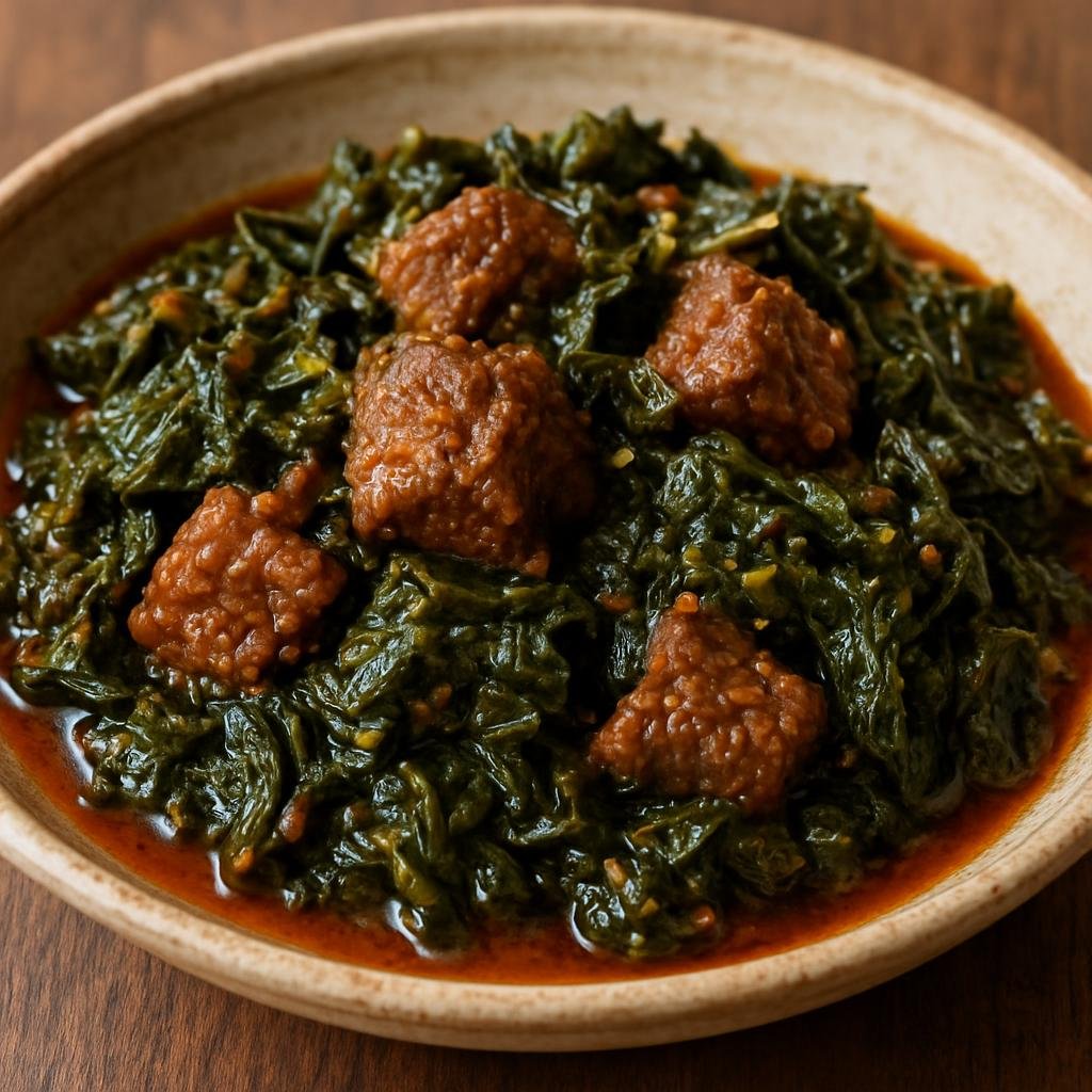 Entree: Ethiopia – Central Culinary Region – ጎመን በስጋ ➤ Gomen besiga (Stewed collard greens cooked with seasoned beef in Ethiopian spiced butter) recipe