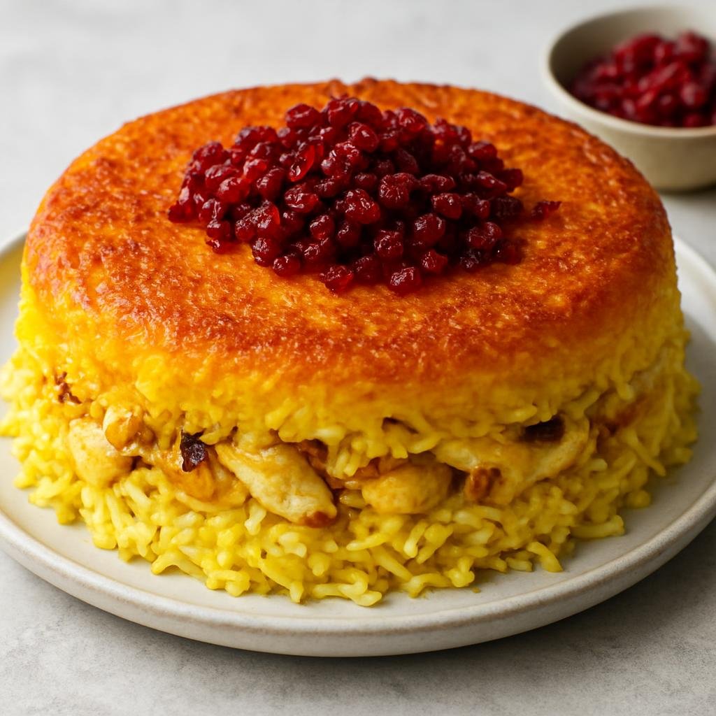 Entree: Iran – Isfahan – ته چین ➤ Tahchin (Saffron-scented baked rice cake layered with yogurt-marinated chicken and barberries that forms a crisp golden crust) recipe