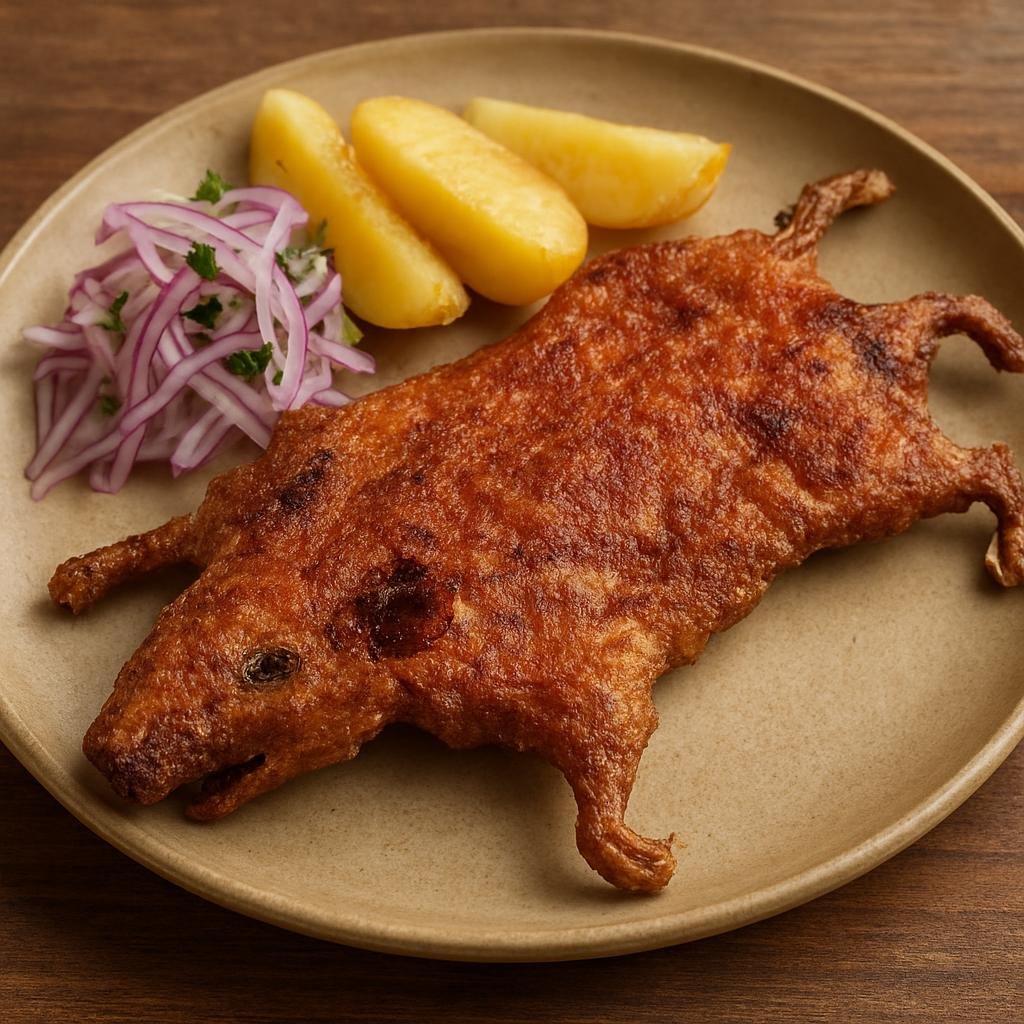 Entree: Peru – Arequipa – Cuy Chactado (Whole flattened and pan-fried guinea pig crisped under pressure for a crunchy skin, a traditional Arequipa specialty) recipe