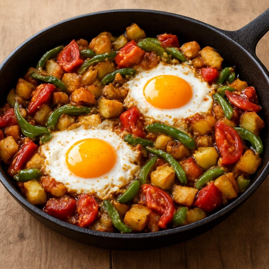 Entree: Tunisia – Tunis & North – كفتاجي ➤ Kafteji (A Tunisian mixed fried-vegetable and egg skillet of potatoes, peppers, tomatoes and eggs) recipe