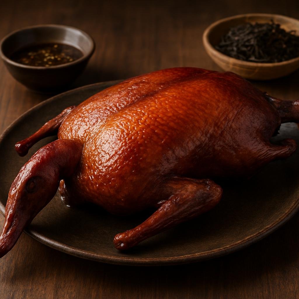 Entree: China – Central Culinary Region – 樟茶鸭 ➤ Zhāngchá Yā (Whole duck smoked over camphor wood and tea leaves then finished to achieve fragrant smoky, crisp skin) recipe