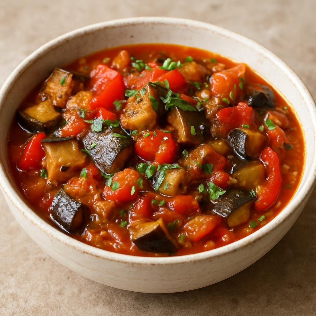 Entree: Russia – Caucasus Russia – აჯაფსანდალი ➤ Ajapsandali (Hearty stewed eggplant and pepper dish cooked with tomatoes, onions and fresh herbs) recipe