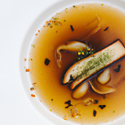 Soup: United States – Charred Leek and Porcini Thyme Broth Soup recipe