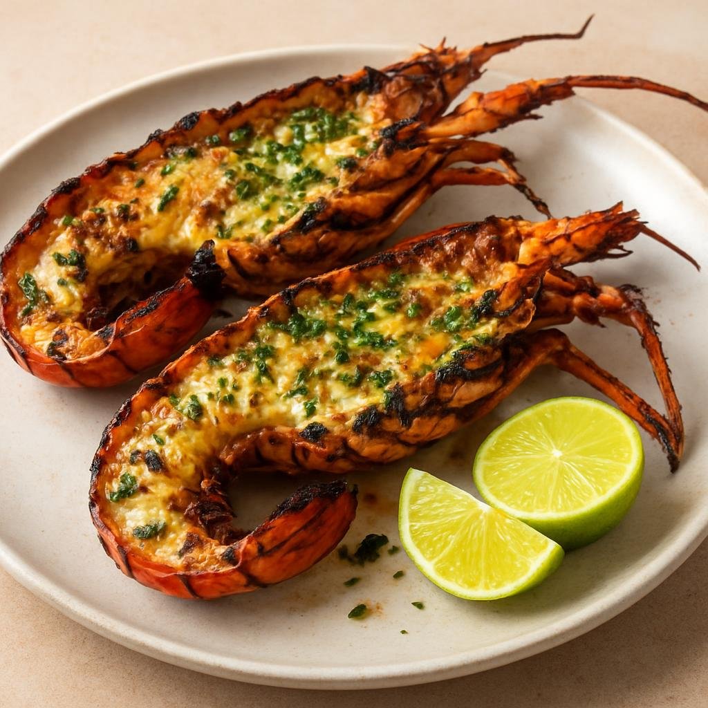 Entree: Barbados – Southern Culinary Region – Grilled Lobster (Charcoal-grilled split Caribbean lobster basted with garlic-herb butter and bright citrus for a smoky Bajan seafood main course) recipe