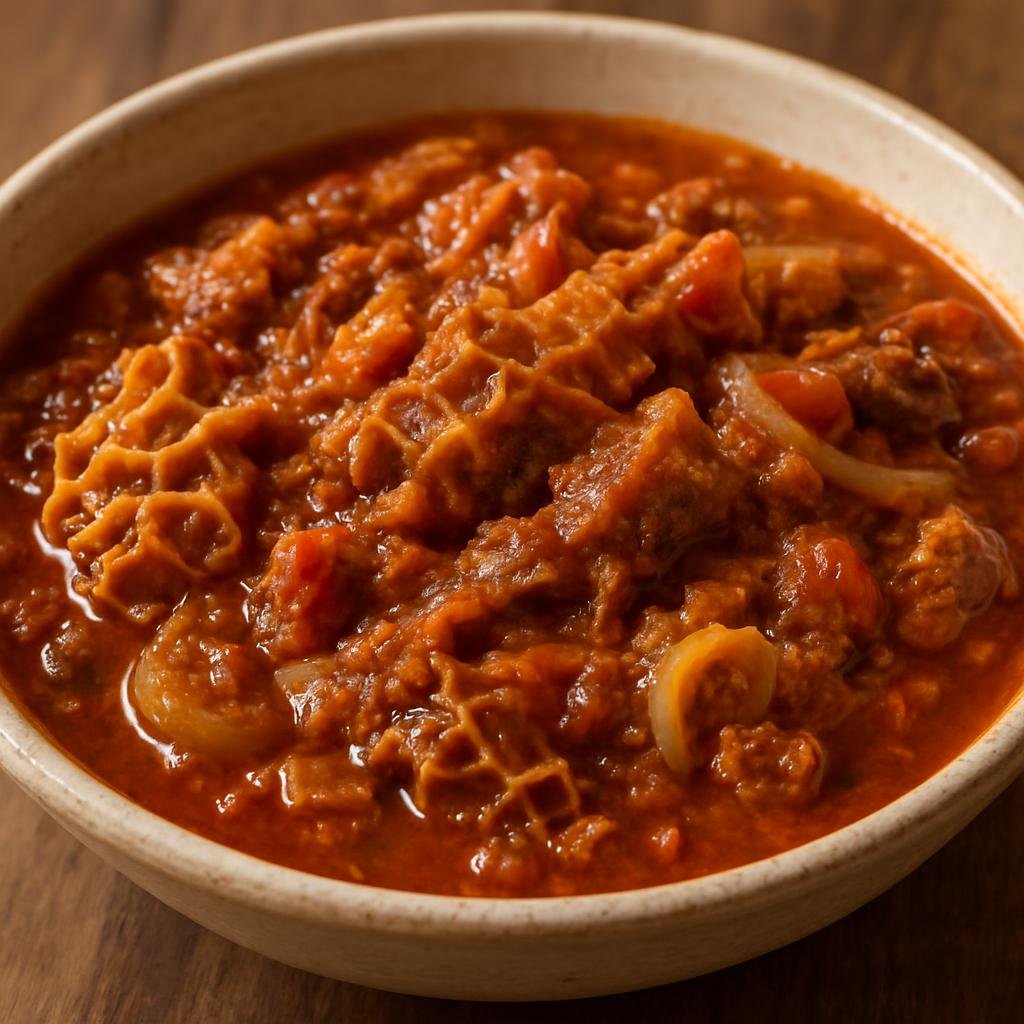 Entree: Botswana – Southern Culinary Region – Serobe (Slow-braised beef tripe stew simmered with onions, tomatoes, and local seasonings, served as a hearty main course) recipe