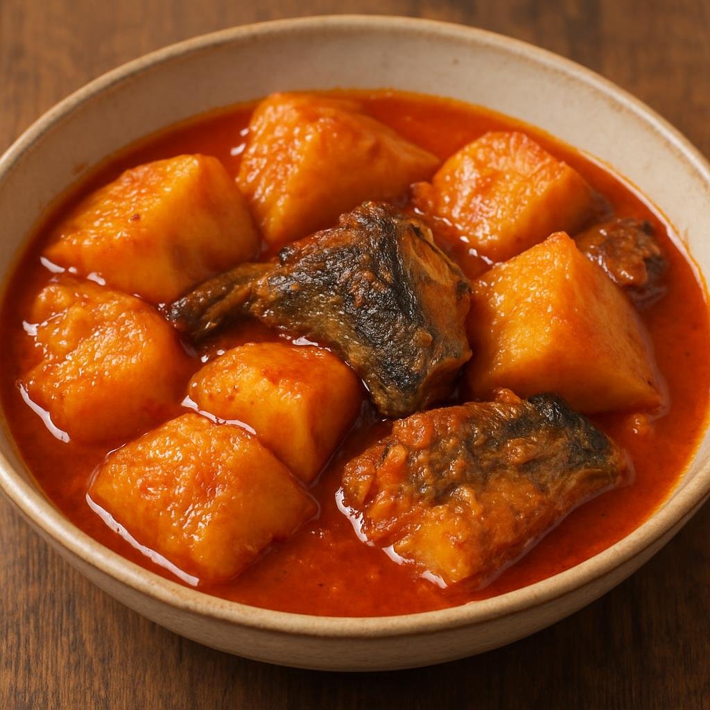 Entree: Burkina Faso – Southern Culinary Region – Ragout d'Igname (Yam stew cooked in a tomato-palm oil sauce with smoked fish or meat) recipe