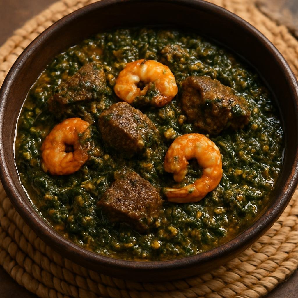 Entree: Central African Republic – Southern Culinary Region – Ndolé (Bitterleaf and ground-peanut stew with beef and shrimp, a rich savory one-pot meal) recipe