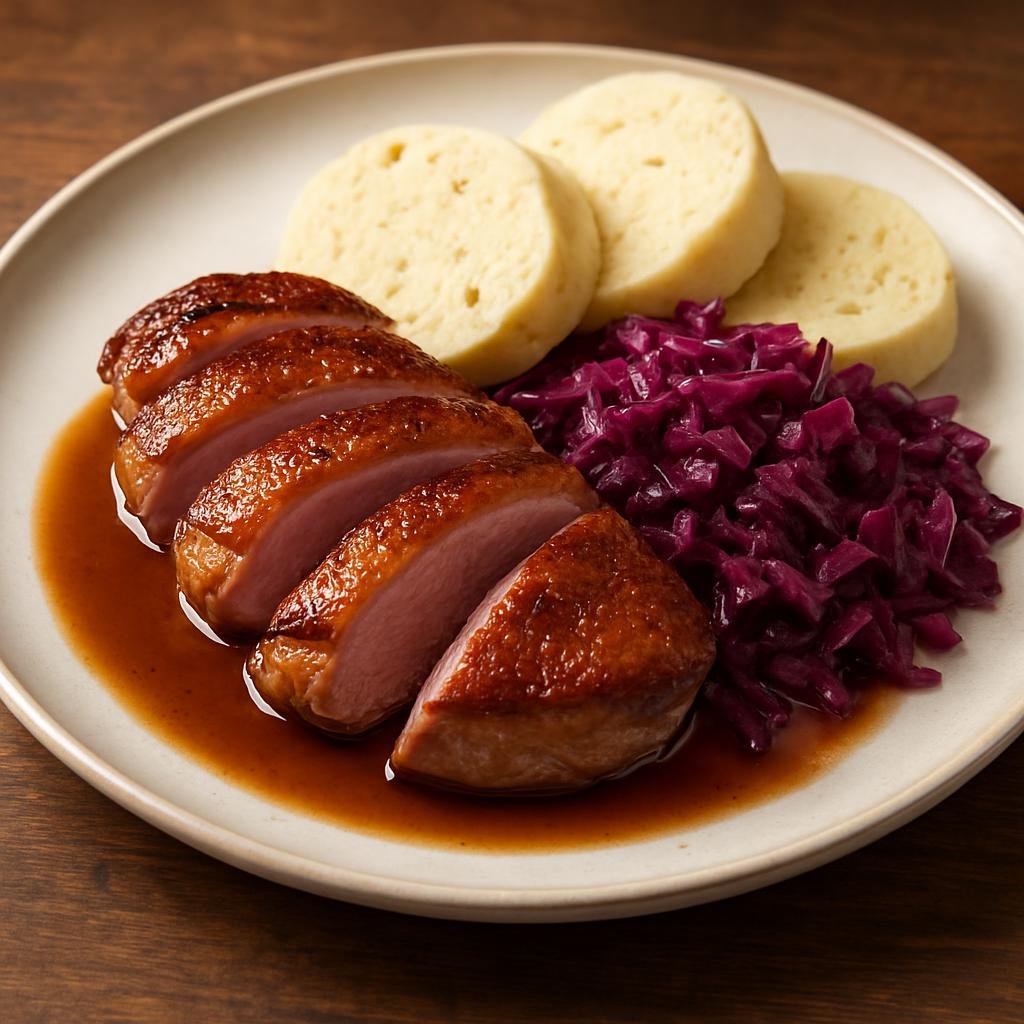 Entree: Czechia – Prague Pub Classics – Kachní Prsa (Seared duck breast served with braised red cabbage and traditional bread dumplings) recipe