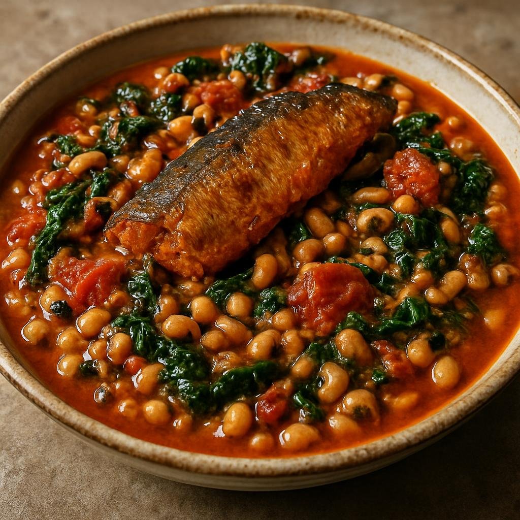 Entree: Democratic Republic of the Congo – Southern Culinary Region – Madesu (Stewed black-eyed peas cooked with palm oil, tomatoes, smoked fish, and leafy greens) recipe