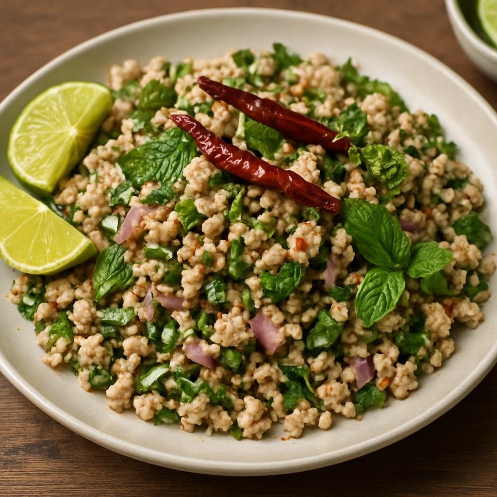 Entree: Laos – Vientiane & Central Laos – ລາບໄກ່ ➤ Laap Kai (Laotian minced chicken salad tossed with lime, fish sauce, toasted rice powder, herbs, and chilies) recipe