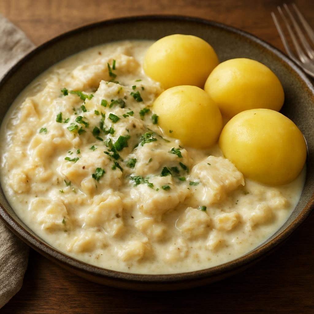 Entree: Norway – Western Fjords – Klippfisk (Salted, dried cod that is rehydrated and cooked into a hearty, creamy fish stew or poached and served with potatoes) recipe