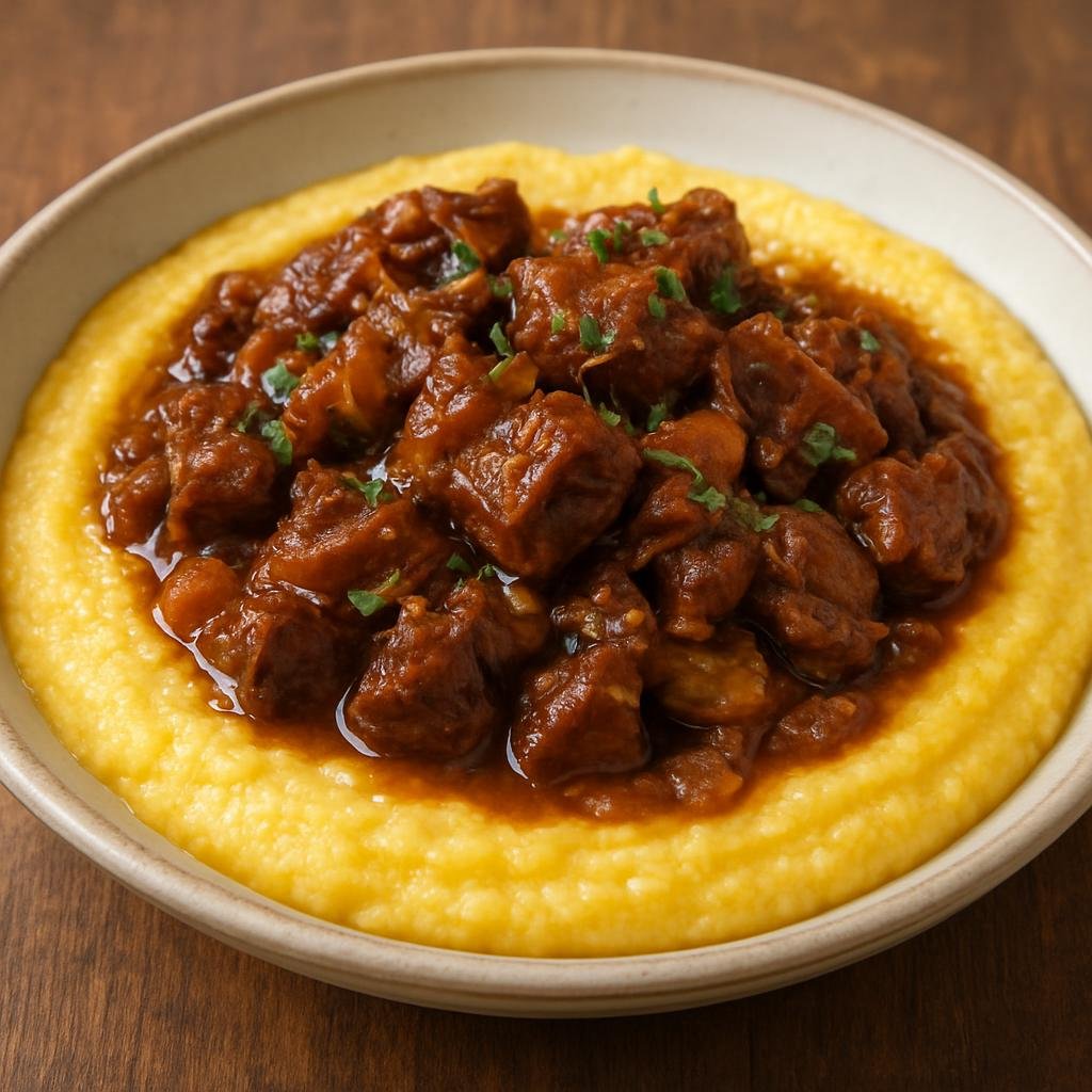Entree: Switzerland – Italian Swiss / Ticino – Zincarlin con Polenta (Slow-braised pork stew served over creamy cornmeal polenta) recipe