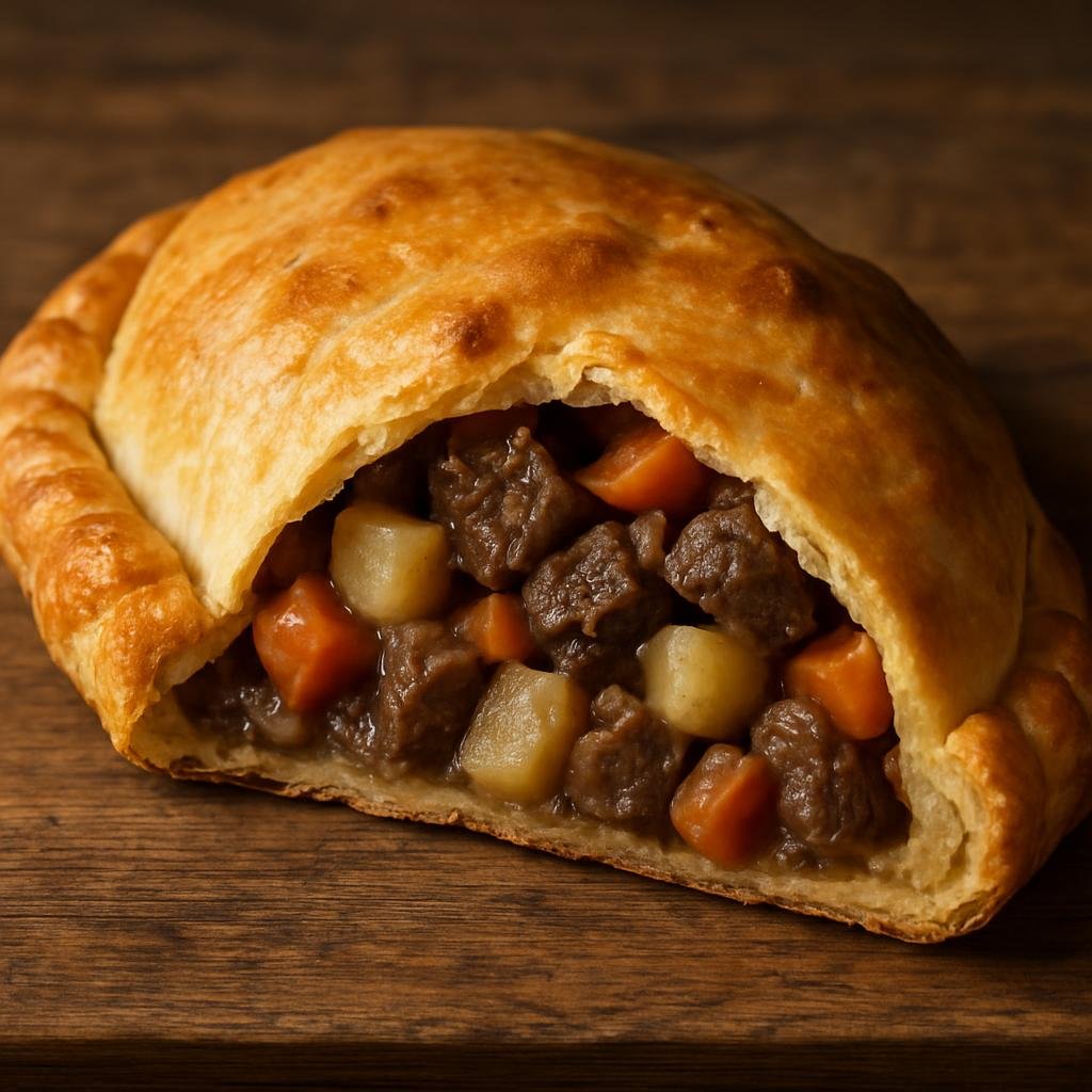 Entree: United Kingdom – England - London & Southeast – Cornish Pasty (A robust baked turnover of beef and diced root vegetables enclosed in a sturdy shortcrust pastry) recipe