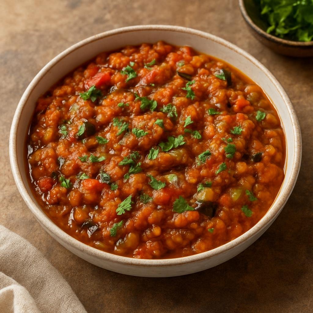 Entree: Morocco – Fez – Zaalouk (Eggplant and Tomato Salad) (A cooked Moroccan eggplant and tomato spread flavored with garlic, cumin, olive oil, and fresh herbs) recipe