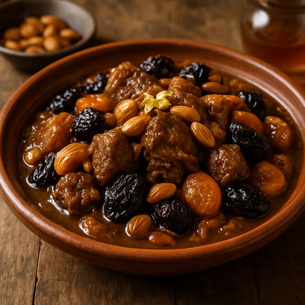 Entree: Algeria – Kabylie – طاجين لحلو ➤ Tājīn Laḥlū (Sweet North African slow-cooked lamb stew with dried fruits, almonds, honey, and orange blossom water) recipe