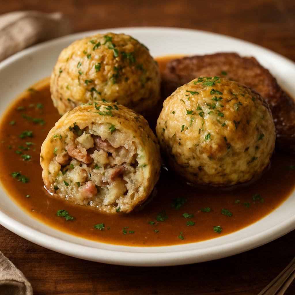 Entree: Austria – Tyrol – Tiroler Knödel (Hearty Tyrolean bread dumplings made with stale bread, bacon, onion, eggs, and herbs, boiled until firm and served with rich meats or gravy) recipe