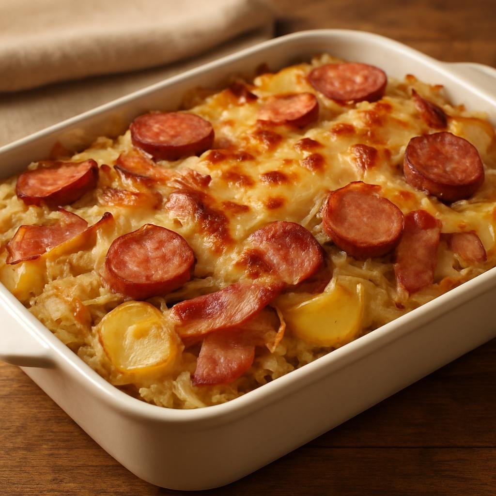 Entree: Netherlands – Limburg – Limburgse Zuurkoolschotel (Baked Limburg-style sauerkraut casserole layered with potatoes, smoked sausage, bacon, and cheese) recipe