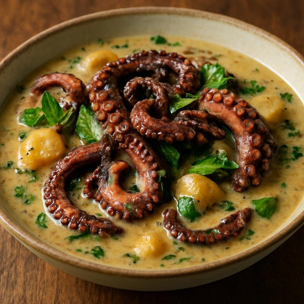 Entree: American Samoa – Southern Culinary Region – Fai'ai Fe'e (Octopus simmered in coconut cream with island roots and herbs) recipe
