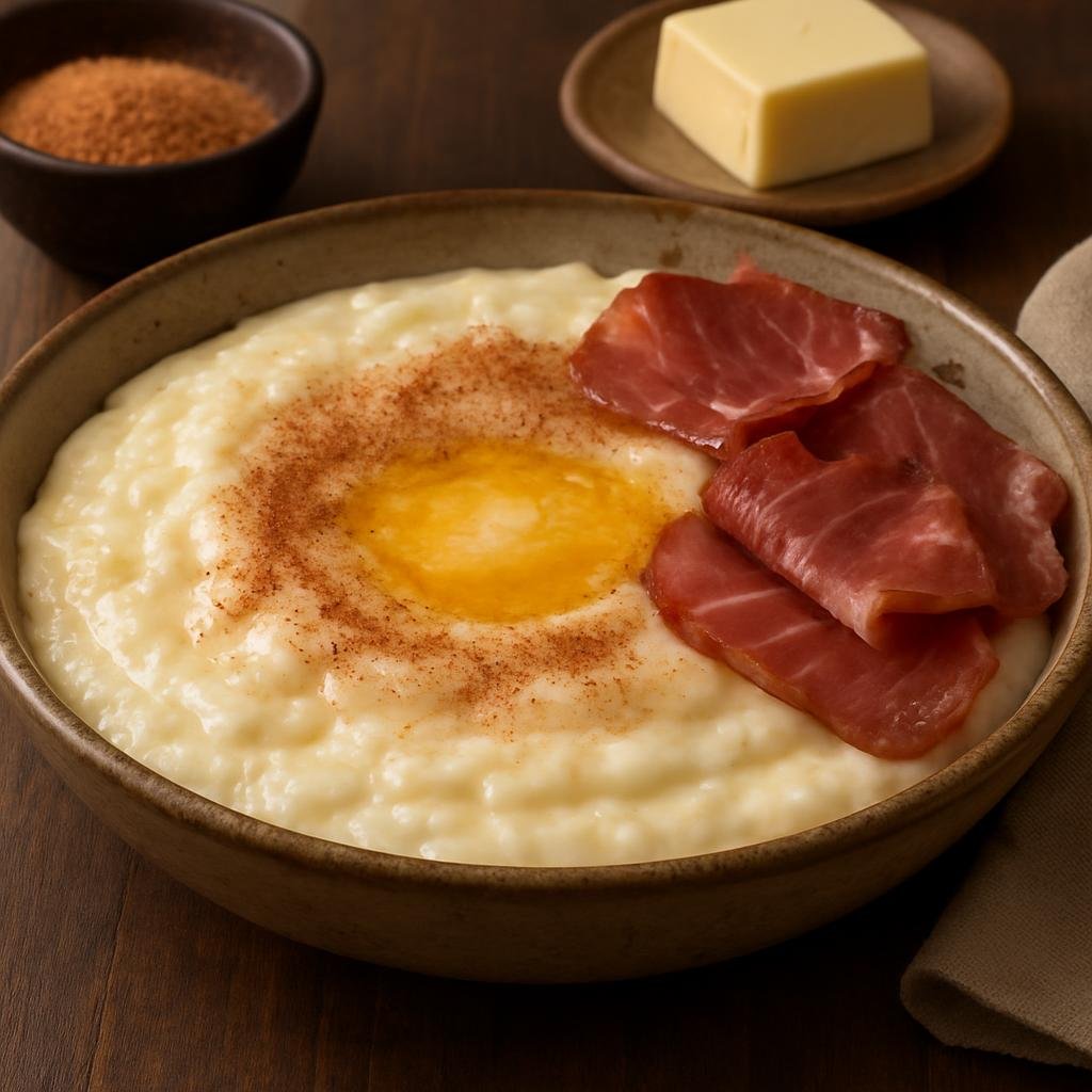 Entree: Norway – Western Fjords – Rømmegrøt (A rich Norwegian sour cream porridge traditionally served warm with melted butter, sugar, cinnamon, and cured meat) recipe